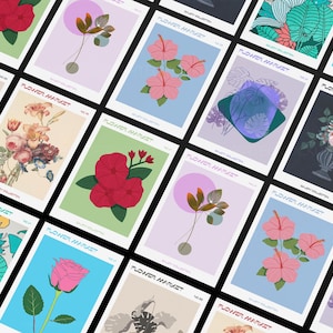 May include: A collection of floral art prints, each featuring a different botanical illustration. The prints showcase various flowers and plants, with a color palette including pink, red, green, and blue. The text "FLOWER MARKET" is visible on each print.