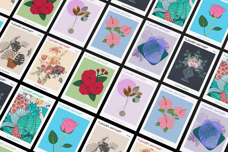 May include: A collection of floral art prints, each featuring a different botanical illustration. The prints showcase various flowers and plants, with a color palette including pink, red, green, and blue. The text "FLOWER MARKET" is visible on each print.