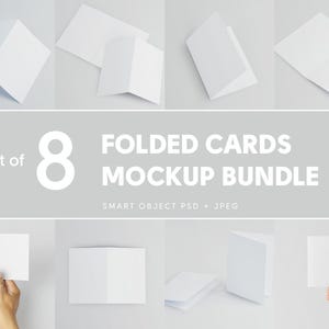 May include: A mockup bundle of eight folded cards in various arrangements. The cards are white and displayed on a light gray background. The text "set of 8 FOLDED CARDS MOCKUP BUNDLE" is visible in the center of the image.