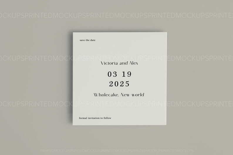Może przedstawiać: Biała karta z zaproszeniem na ślub z czarnym tekstem. Tekst brzmi: "save the date", "Victoria and Alex", "03 19 2025", "Wholecake, New world" oraz "formal invitation to follow".