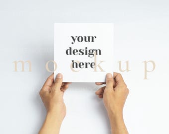 Square Mockup with Person, 7x7 Greeting Card Mock up, Minimalist Wedding Invitation (PSD)
