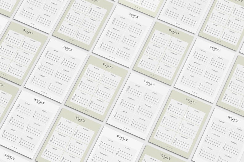 May include: A collection of weekly planner sheets with a minimalist design. Each sheet features a layout for daily scheduling, with the word "WEEKLY" at the top. The sheets are in shades of white and light green.