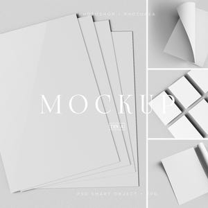 May include: A digital mockup set featuring multiple blank white rectangular paper sheets in various arrangements, including a stacked view, a single sheet with a curled corner, a grid of six sheets, and a single sheet beside a rolled paper tube.