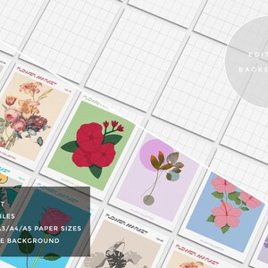May include: A collection of floral art prints with various botanical illustrations. Each print features a different flower or plant design, with a clean, modern aesthetic. The prints are displayed on a grid background, with text that reads "Flower Market".