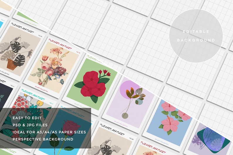 May include: A collection of floral art prints with various botanical illustrations. Each print features a different flower or plant design, with a clean, modern aesthetic. The prints are displayed on a grid background, with text that reads "Flower Market".