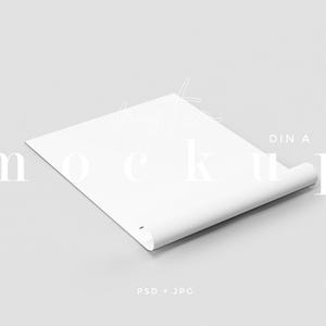 Flat Lay Paper Mockup, Rolled Up Poster Mockup, Vertical Poster Mockup, Minimalist White Card, Rolling Paper Sheet View ISO PSD Smart Object