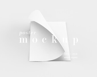 Może przedstawiać: Biała makieta plakatu z podwiniętym rogiem, z tekstem "poster mockup". Obraz zawiera tekst "JPG + PSD" i "smart object". Tło jest jednolite, jasnoszare.