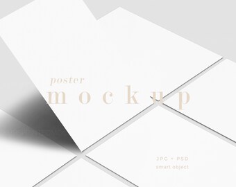 May include: A minimalist poster mockup featuring several white paper sheets arranged at angles, casting shadows. The words "poster mockup" are displayed in a soft, neutral font. The image also includes text indicating file types: JPG and PSD, and the words "smart object."