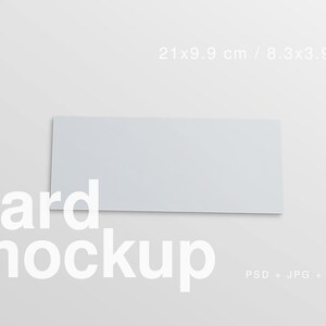 May include: A rectangular, light gray card mockup, measuring 8.3 x 3.9 inches, is displayed on a light gray background. The words "card mockup" are in white, along with "PSD + JPG + PNG".