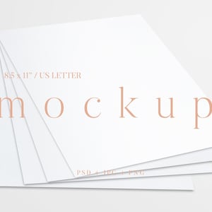 May include: A stack of white US Letter size paper sheets, with the word "mockup" in a soft rose color. The text "8.5 x 11" / US LETTER" is visible, along with "PSD + JPG + PNG".