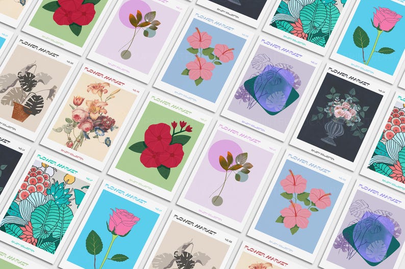 May include: A collection of art prints featuring floral designs. Each print showcases a different flower or plant illustration, with a variety of colors and styles. The prints are arranged on a white surface, creating a visually appealing display.