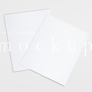 May include: Two white US Letter size paper sheets arranged at an angle against a light gray background. The word "mockup" is displayed in a light font across the center of the image. The text "8.5 x 11" / US LETTER" is displayed at the top.