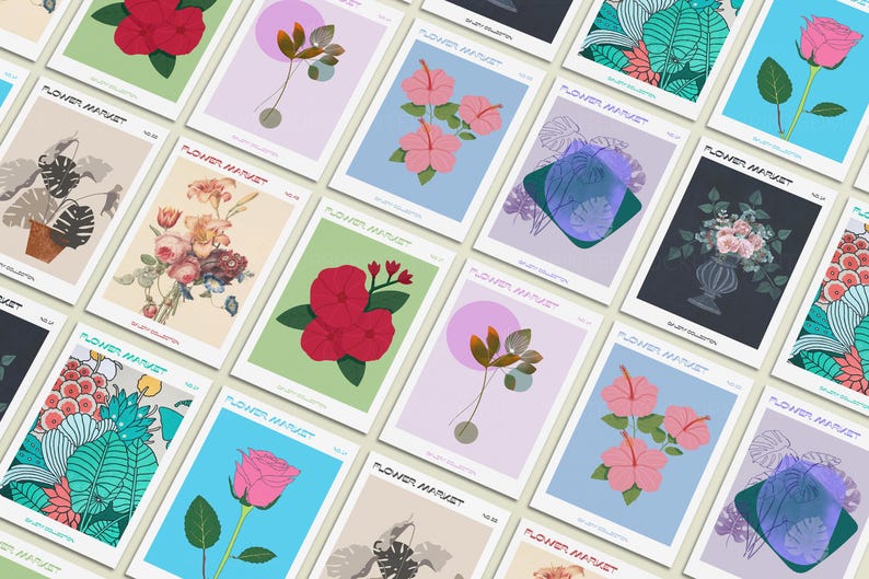 May include: A collection of art prints featuring floral illustrations. Each print showcases a different flower arrangement or botanical design, with a variety of colors and styles. The prints are labeled "Flower Market" and are displayed on a white background.