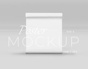 Mockup de pôster enrolado em PSD, papel vertical, DIN A ISO (download digital)