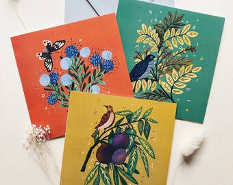 Birds Greeting Cards, Postcards Set of 6, Cards and Envelope Set, Illustration Cards