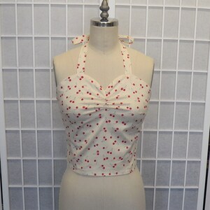 Cherries- Bust 35&quot;, Waist 26.5&quot;- Size 8- Shirred Halter Top- Vintage Style PinUp Rockabilly Womens Clothing (Inv #57004)