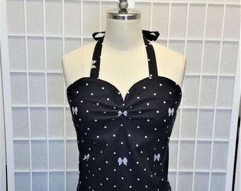 Black Bows- Bust 42.5" Waist 34" Hip 44"- Size 18- Shirred Halter Top- Vintage Style PinUp Rockabilly Womens Clothing (Inv #57006)