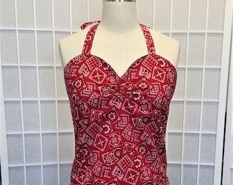 Red Bandana- Bust 44.5" Waist 36" Hip 46"- Size 20- Shirred Halter Top- Vintage Style PinUp Rockabilly Womens Clothing (Inv #57007)