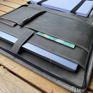 Zippered organizer, personalized, genuine leather laptop case ( 14 inch and below )