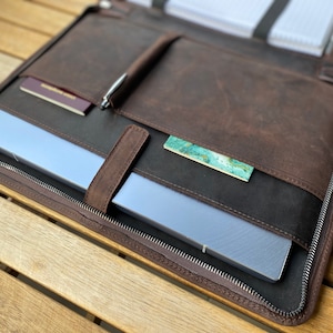 Genuine leather, personalized zippered organizer, laptop case ( 14 inch and below )