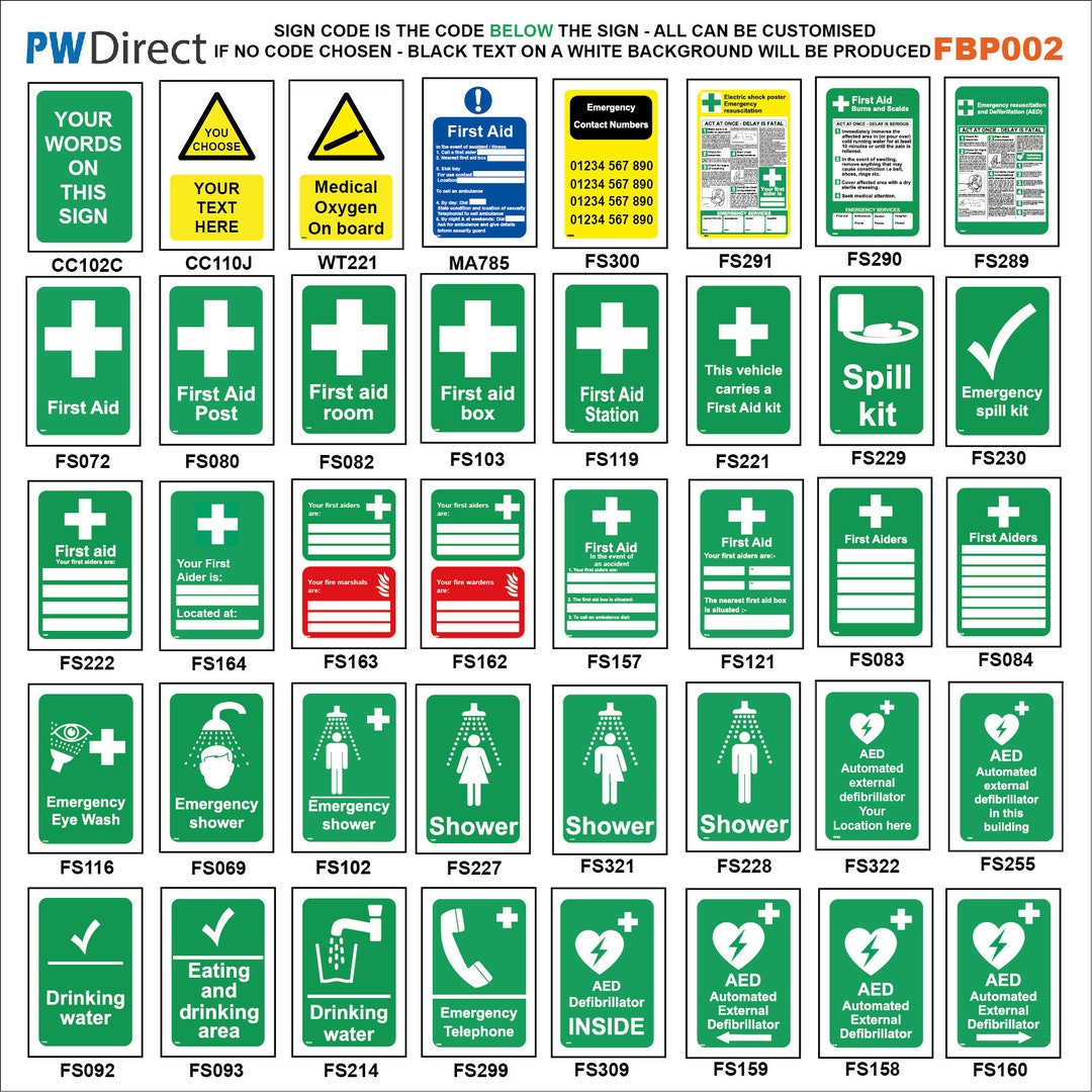 Fire Safety Signs First Aid Custom Shower Food Drink AED Eye Wash ...