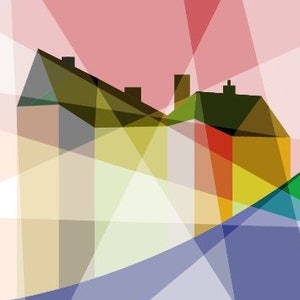 Op de afbeelding: Een abstract geometrisch ontwerp met een silhouet van een huis in het midden. Het ontwerp bevat een verscheidenheid aan kleuren, waaronder roze, rood, geel, groen, blauw en wit.