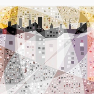 Op de afbeelding: Abstracte geometrische stadsbeeld-illustratie met een kleurenschema in roze, grijs en wit. De skyline van de stad is in zwart afgebeeld tegen een gele en gouden achtergrond.