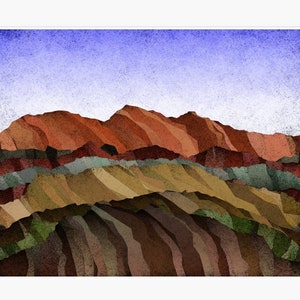 Op de afbeelding: Een digitale schildering van een bergketen met een blauwe lucht. De bergen zijn gemaakt van verschillende tinten bruin, oranje en groen. De lucht is lichtblauw met een vleugje paars.