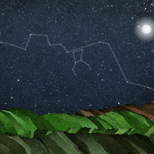 Op de afbeelding: Een sterrenhemel met een sterrenbeeld in de vorm van een lange, dunne, kronkelende lijn. Een volle maan schijnt helder in de rechterbovenhoek van de afbeelding. De horizon is een lijn van groene, bruine en grijze heuvels.