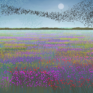 Op de afbeelding: Een veld vol wilde bloemen in tinten paars, geel en rood, met een zwerm vogels die over een blauwe lucht vliegen.
