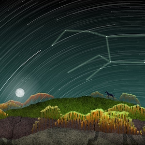 Op de afbeelding: Een digitale illustratie van een nachtelijke hemel met een sterrenbeeld in de vorm van een paard, een volle maan en een zwart silhouet van een paard dat op een grasachtige heuvel staat met oranje en groene bomen.