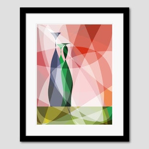 May include: Abstract art print featuring two stylized bottle shapes in shades of blue and green against a backdrop of overlapping red and pink geometric shapes. The artwork is framed in a black border.