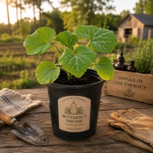 May include: A potted butternut squash plant with large, green leaves. The black pot has a label that reads "BUTTERNUT SQUASH" and "Heirloom Seeds." A small trowel, gardening gloves, and a wooden box with the text "GARDEN OF YVE FARMACY" are also visible.