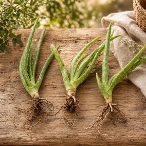 Puede incluir: Tres plantas frescas de aloe vera con raíces expuestas se presentan sobre una superficie de madera envejecida. Las hojas verdes tienen motas blancas y las raíces son de color marrón claro. El fondo incluye vegetación y una cesta de mimbre.