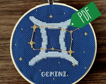 Gemini Star Sign Cross Stitch Pattern PDF Download // Print at Home Constellation