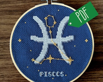 Pisces Star Sign Cross Stitch Pattern PDF Download // Print at Home Constellation