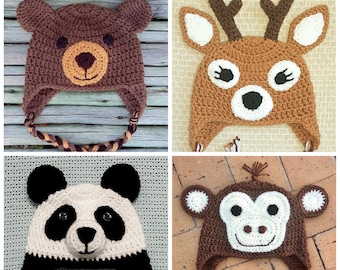 Bear, Deer, Panda, and Monkey Beanies Crochet Pattern Bundle