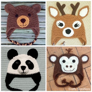 Bear, Deer, Panda, and Monkey Beanies Crochet Pattern Bundle