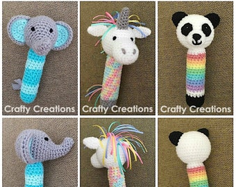 Elephant, Unicorn, and Panda Rattles Crochet Pattern Bundle