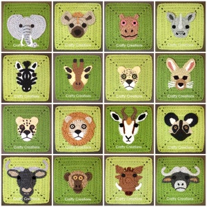 Puede incluir: Un conjunto de 16 cuadrados de crochet con diferentes animales africanos, incluyendo una cebra, una jirafa, un le&oacute;n, un elefante y m&aacute;s. Cada cuadrado es verde con un borde marr&oacute;n y presenta una cara de animal colorida.