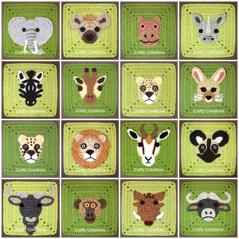 Puede incluir: Un conjunto de 16 cuadrados de crochet con diferentes animales africanos, incluyendo una cebra, una jirafa, un le&oacute;n, un elefante y m&aacute;s. Cada cuadrado es verde con un borde marr&oacute;n y presenta una cara de animal colorida.