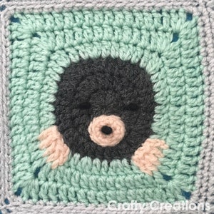 May include: A crocheted square with a gray border and a green center. A black and gray mole with a pink nose is peeking out from the center of the square. The text "Crafty Creations" is at the bottom of the square.