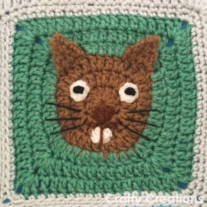 May include: A crocheted square with a brown animal face in the center. The animal has white eyes, a brown nose, and two white teeth. The square is surrounded by a green border and a gray border.