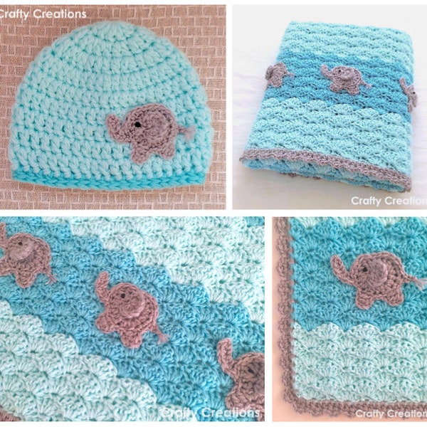 Elephant Baby Blanket and Newborn Beanie Crochet Pattern Bundle