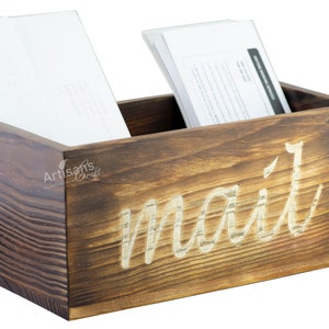 Caixa de suporte de correio de mesa de madeira-organizador de correio de mesa rústico-suporte de carta de correio, caixa de armazenamento de correio com design de carta gravada,