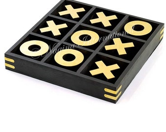 Ideal Gift Living Room Home Decor 5x5 Wood Tic Tac Toe Modern XOXO with Gold Tinge Metal Xs and Os Noughts and Crosses Indoor Outdoor Family Board Travel Brain Teaser Mind Sharp Game 