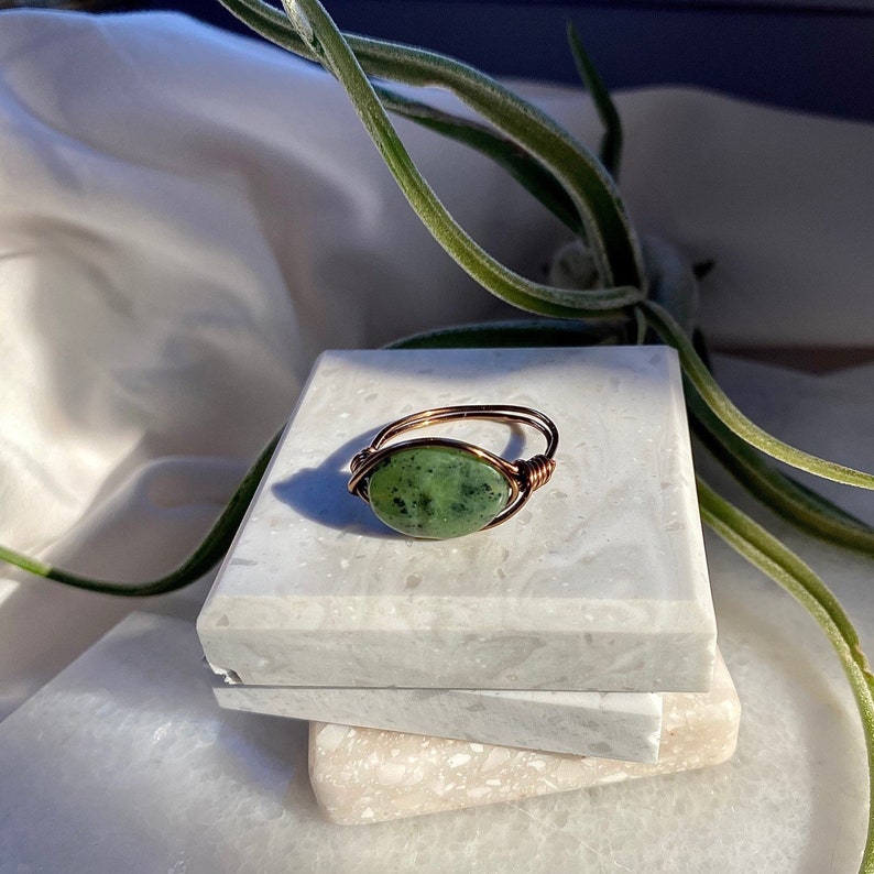 Crystal Rings Oval Jade Wire Wrapped Ring Statement Gemstone Rings Handmade Rings