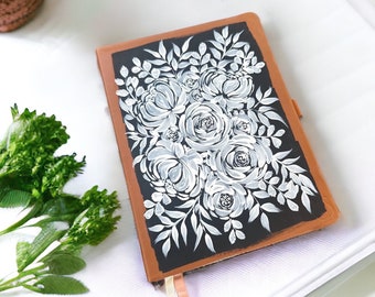 Hand Painted Floral Planner | Black & White Flower Botanical Planner Journal | Flower Calendar Journal | Monochromatic Floral Arrangement