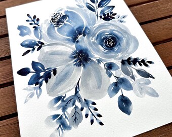 Aquarelle florale bleue monochrome peinte à la main - 20 x 10 po. Peinture aquarelle - Fleurs, verdure/feuilles - Peinture à encadrer