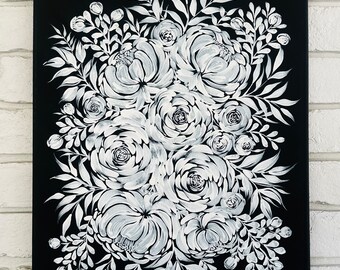 Grande toile florale peinte à la main - monochrome noir et blanc - 18 x 24 po.